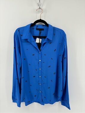Jane and Delancey Royal Blue Button-Down Shirt Boston Terrier Dog Print